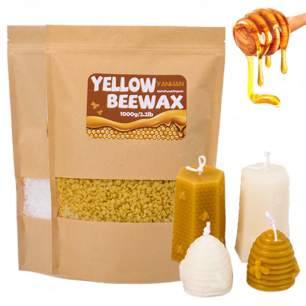 Beeswax Taper Candle - 1000 جرام حبيبي طبيعي نقي أبيض